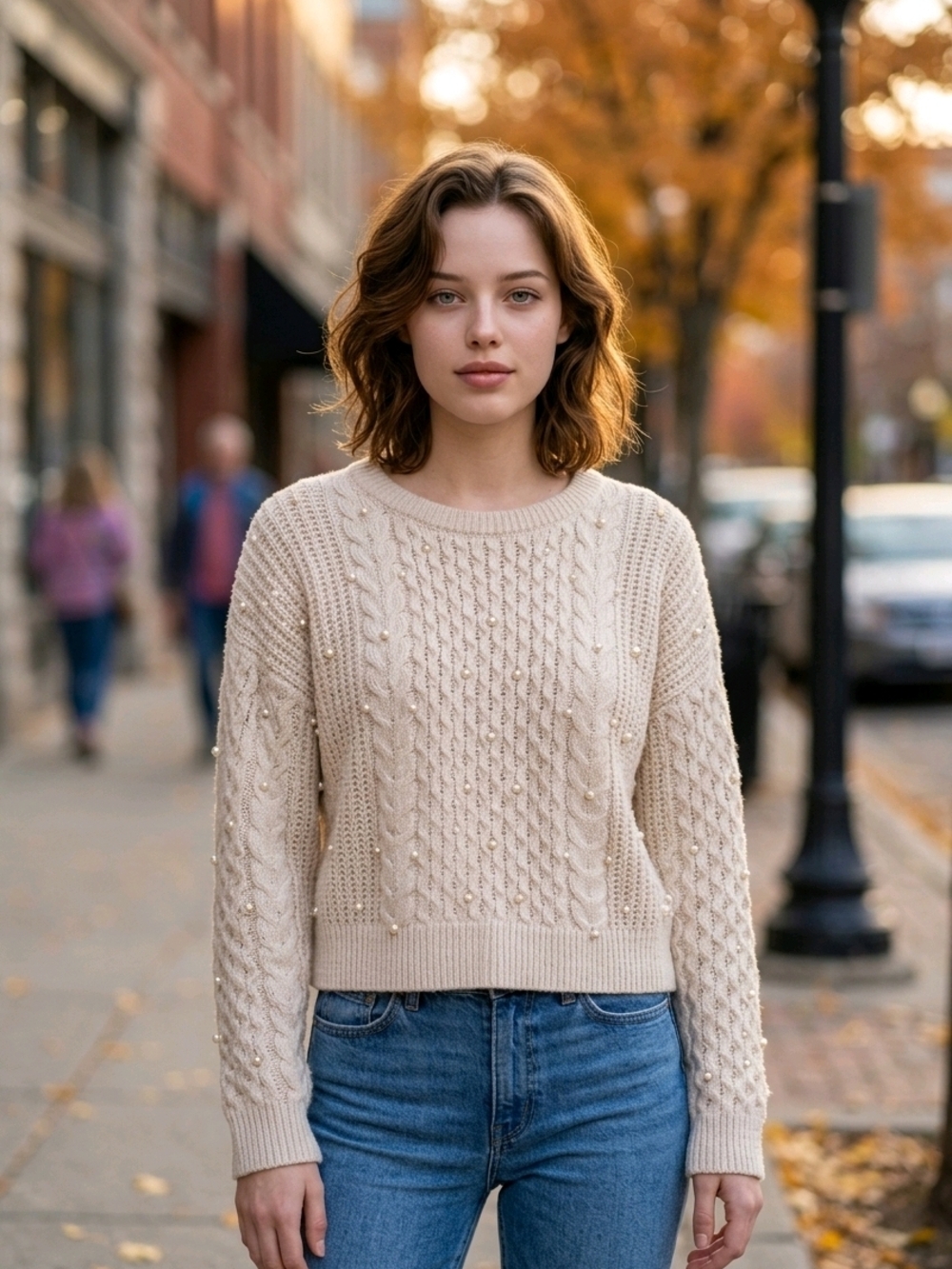 Abercrombie & Fitch Cream Pearl-Embellished Cable Knit Crewneck Sweater